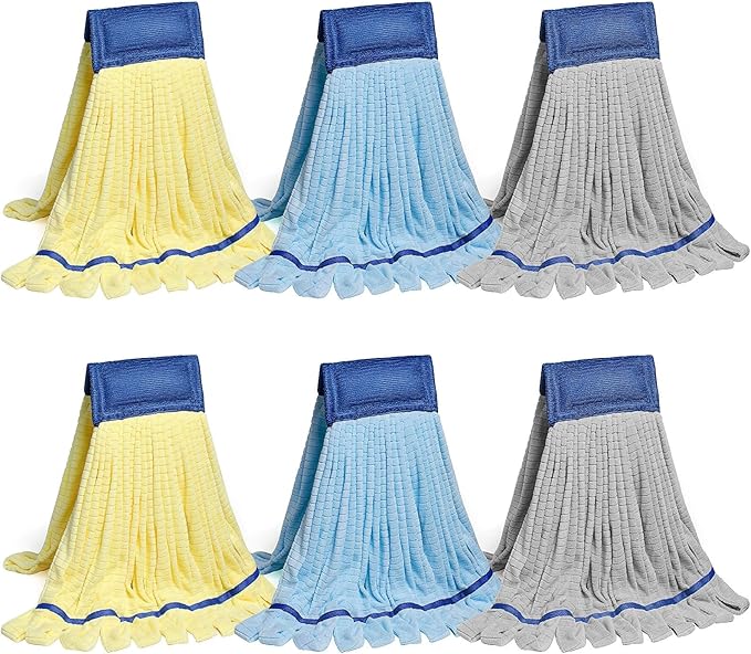 Large Microfiber Tube Mop Heads,Heavy Duty Mop Head,Highly Absorbent,Commercial Mop Head Replacement,Wet Mop Heads Replacement,for Hardwood, Tile, Laminate Floors (Blue Grey Yellow - 6 Pack)