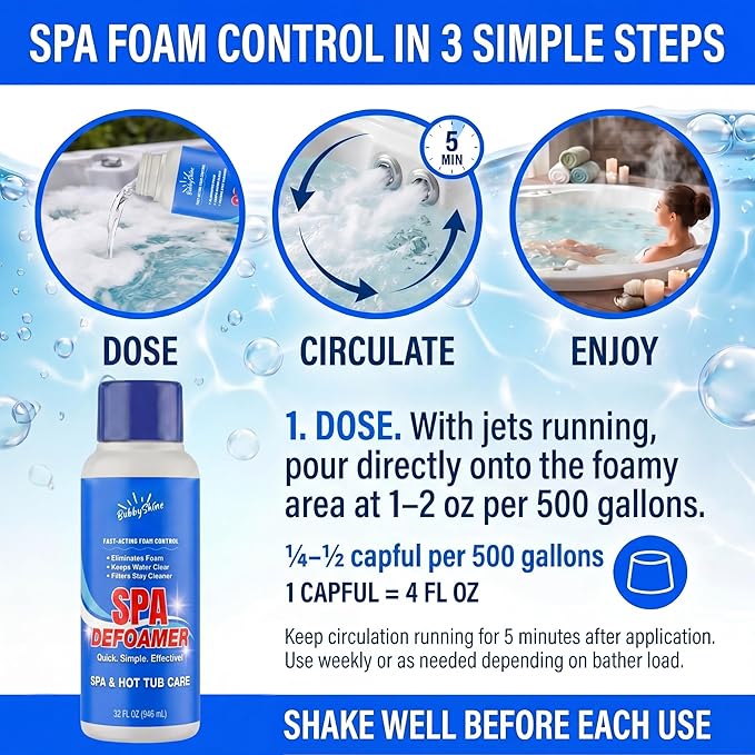 Hot Tub Defoamer, Spa Defoamer Hot Tub Formula, Spa Defoamer for Hot Tub Owners, Hot Tub Anti Foam to Help Keep Foam Down, Fast-Acting Hot Tub Foam Eliminator, 1 Quart (32 fl oz), BubbyShine