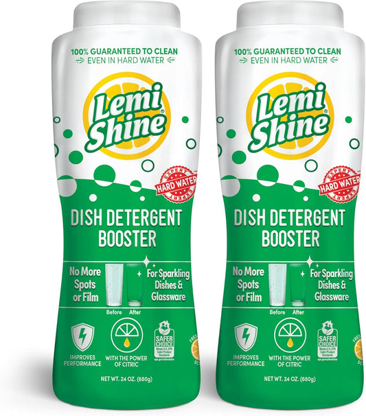 Lemi Shine Natural Dish Detergent Booster - Hard Water Stain Remover - Multi-Use Citric Acid Cleaner - 24 oz (2 Pack)