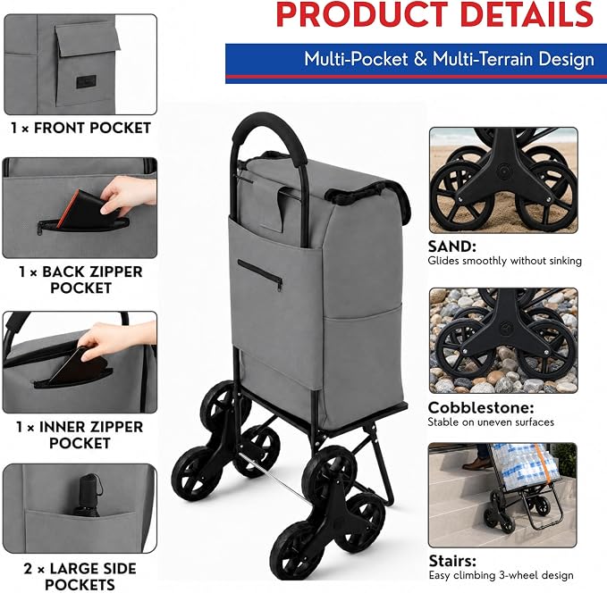 Shopping Cart, Super Loading Stair Climber 220 lbs Capacity, Grocery Foldable Trolley with Extra Large Shopping Bag Laundry Utility Cart with Adjustable Bungee Cord (Gray)