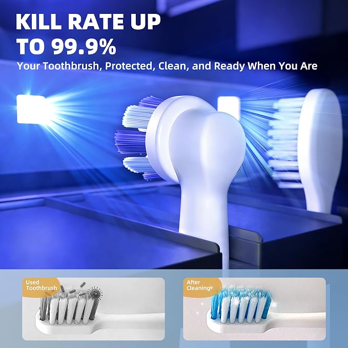 UV Toothbrush Sanitizer Holder, Auto-Sensor Wall-Mount Tooth Brush Cleaner with Heated Drying, 2 Slots LED Smart Screen for Bathroom (Black