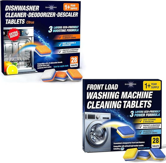 Washing Machine Cleaner Tablets Front Load 28 Pack & Dishwasher Cleaner Deodorizer Descaler Tablets 28 Pack Bundle - 1 Plus Year Supply - Septic Safe Eco Friendly Formula