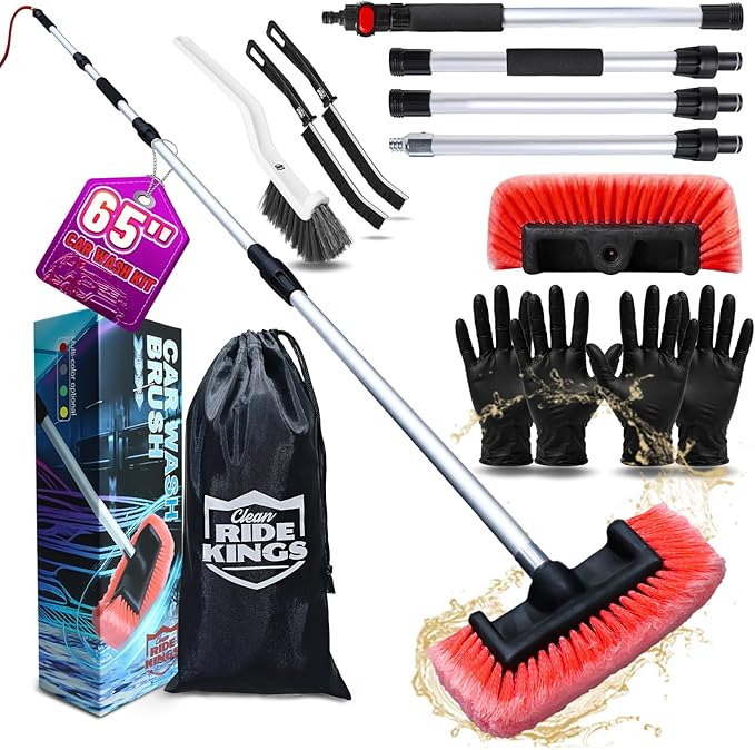 Car Wash Brush (65 in) - Heavy Duty Truck Wash Kit with 4 Heads (Tire Scrubber & 2 Stiff Brushes) - Flow-Thru Wand Compatible with SUV, Off-Road Vehicles & Wheels (Red)