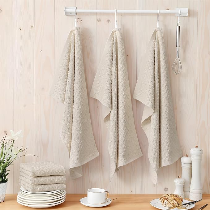 Homaxy 100% Cotton Terry Kitchen Towels(15" x 25", 8 Pack), Soft and Super Absorbent Dish Towels, 380 GSM Reusable Tea Towel with Hanging Loop, Pineapple Grid Designed, Beige