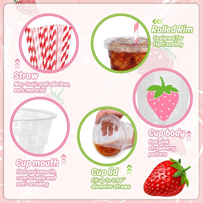 FYSUIMU 50Pcs Strawberry Disposable Plastic Cups with Lids and Straws 12Oz Red Pink Cold Beverage Drinking Cups for Summer Wedding Birthday Baby Shower Party Supplies