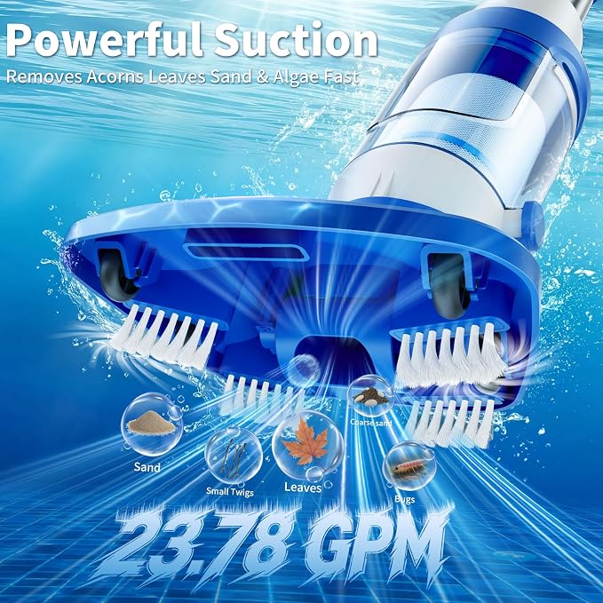 Cordless Pool Vacuum for Inground & Above Ground Pools: 23.8 GPM Powerful Stable Suction, Telescopic Pole up to 90.6", 60-Min Runtime, Extra-Large Filter & Rechargeable Pool Cleaner for Spas/Hot Tubs