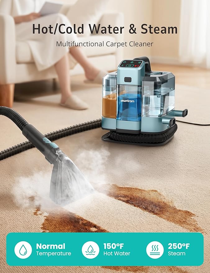 Steam Carpet Cleaner Machine with Hot/Cold Water & Steam Wash, Multifunctional Spot Cleaner, 20Kpa Powerful Suction, 300 ML Cleaning Solution for Carpet, Upholstery, Sofa, Pet Stains, Car