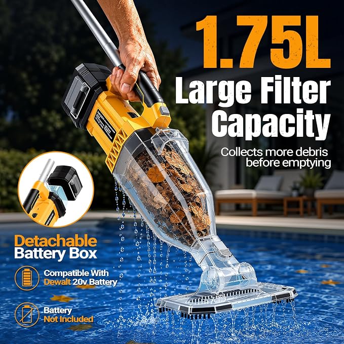 Cordless Handheld Pool Vacuum for Above Ground Pool Compatible for Dewalt 20V Battery, Swimming Leaf Vacuum Cleaner with Suction 18.5 GPM ｜7.5Ft ft Max Reach Ideal for Leaves & Debris(No Battery)