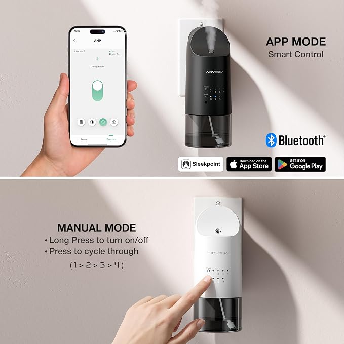 Airversa Smart Waterless Diffuser Plug in Wall for Essential Oils, 160mL, App Control Scent Diffuser with Buttons, Up to 800 sq ft, Oil Diffuser for Home, Room, Spa, Office, Studio, ANP White Kit