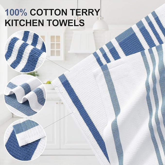 Homaxy Premium Kitchen Towels 18”x 28”, Large Cotton 380 GSM Kitchen Hand Towels, Stripe and Terry Dish Towel, Highly Absorbent Tea Towel Set with Hanging Loop, 3 Pack, Navy Blue