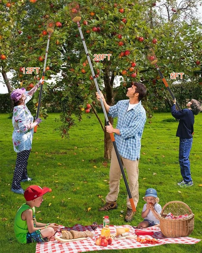 AgiiMan 18 Reach Fruit Picker with Telescopic Extension Pole, 3 to 12 FT Fruit Picker Pole Lightweight and Sturdy Aluminum Telescopic Pole, Easy to Assemble Fruit Picking Basket