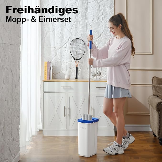 Mop and Bucket Set, Mops for Floor Cleaning with 60" Long Handle, Squeeze Flat Mop and Bucket System, Dry & Wet Dust Mop for Household Floor Cleaning with 5 Microfiber Mops, Slate Blue