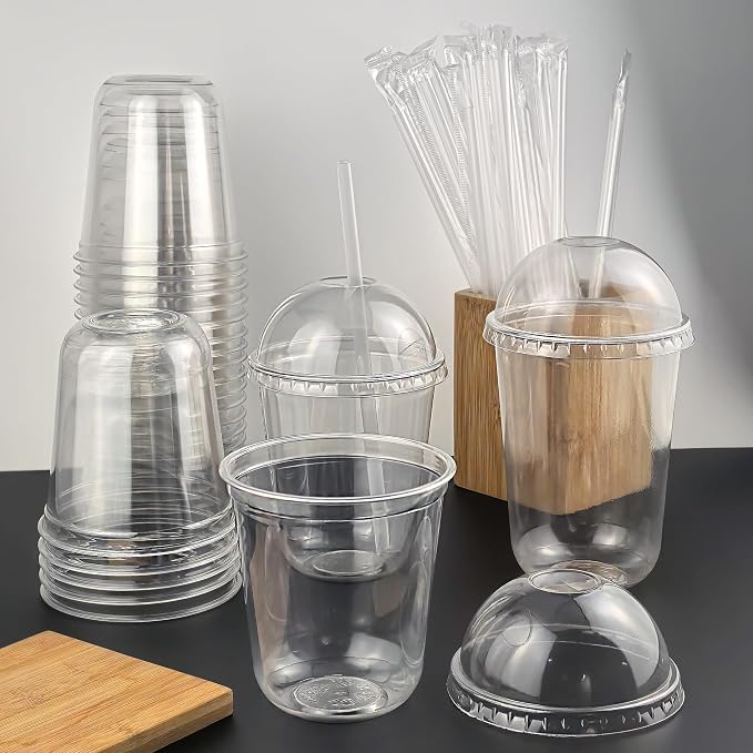 Qsqwsuye 50 Set 12 oz Disposable Clear Plastic Cups with Dome Lids and Straws, Durable Plastic Party Cups for Iced Coffee, Milk Tea, Assorted Beverages, Perfect for Parties, Wedding, Festival Events