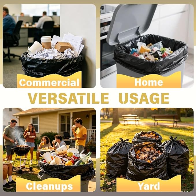 50 55 60 Gallon Trash Bags, 100 Count High Density Garbage Bags, Recycling Trash Can Liners, Sturdy & Tear-Resistant Large Black Bag for Kitchen Yard Outdoor Commercial Use, Lawn Leaf Waste Bags