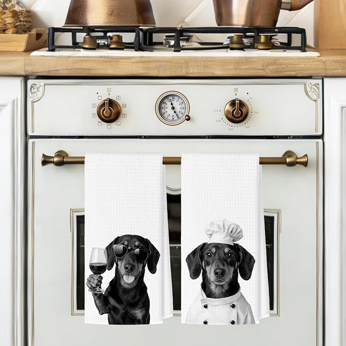 Funny Dachshund Kitchen Towels Set of 2, Dog Kitchen Bar Accessories, Dog Chef Gifts for Women Decorative Hand Towels for Kitchen Decor, Dachshund Lovers Dish Tea Towel, 16x24 Inch