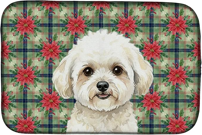 Caroline's Treasures White and Cream Bichon Frise Christmas PoinsettIas Dish Drying Mat Absorbent Dish Drying Mat Pad for Kitchen Counter Dish Drainer Mat for Countertop, 14 x 21", Multicolor