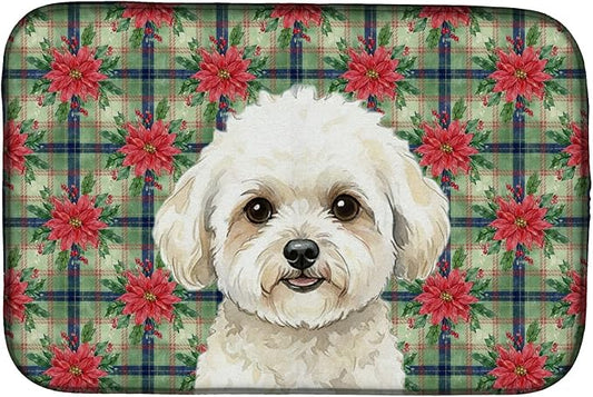 Caroline's Treasures White and Cream Bichon Frise Christmas PoinsettIas Dish Drying Mat Absorbent Dish Drying Mat Pad for Kitchen Counter Dish Drainer Mat for Countertop, 14 x 21", Multicolor