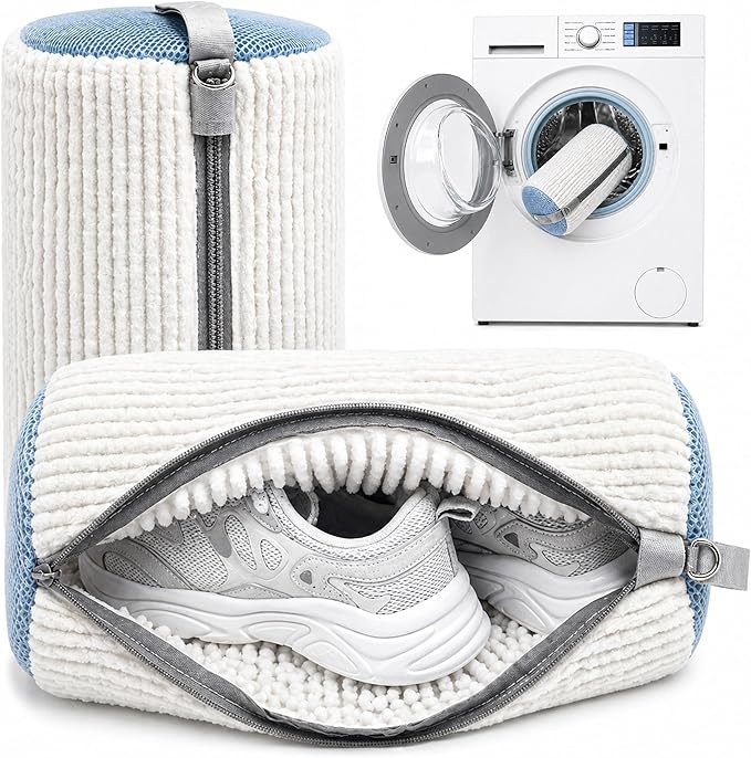 Shoe Washing Machine Bag with Soft Microfiber Bristles, Durable Mesh Laundry Shoe Bag for Sneakers, Reusable Protective Shoe Cleaner Bag with Zipper for Washer & Dryer