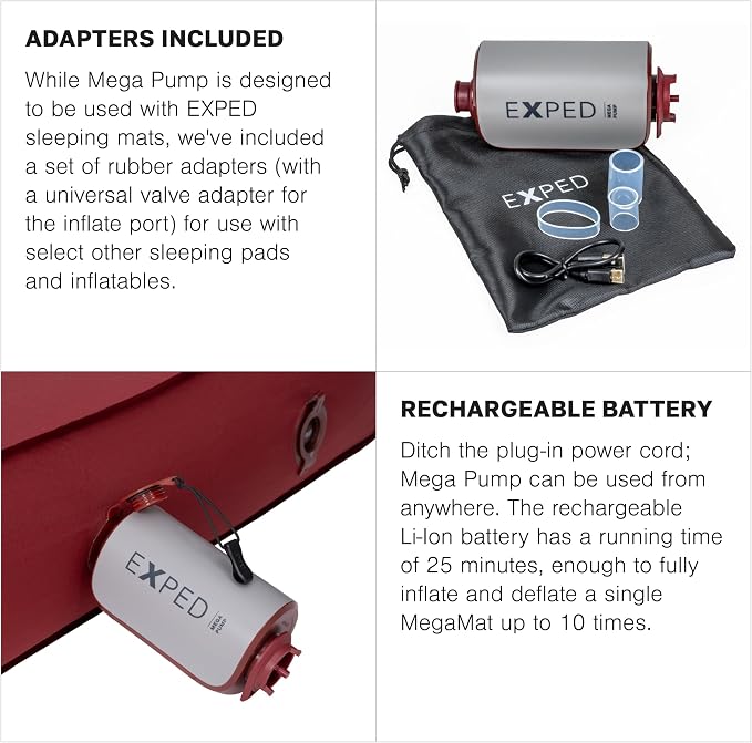 Exped Mega Pump - High Power Portable Electric Air for Inflating and Deflating Camping Pad, Rechargeable Battery USB-C Port
