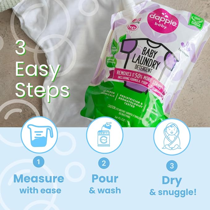 Dapple Baby Laundry Detergent, Powered by Plants, Concentrated, Hypoallergenic, Sweet Lavender, Eco-Friendly Pouch, Stain Remover, 34 Fl Oz (2 Pack)