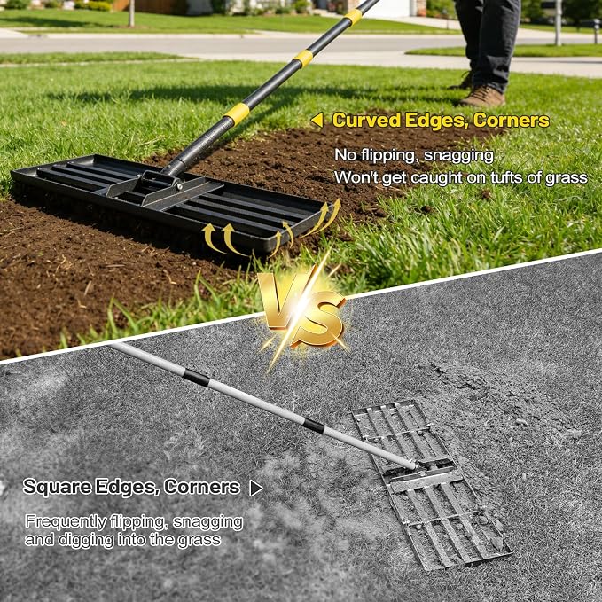Lawn Leveling Rake,30x10 Inch Ground Plate,72 Inch Adjustable Long Handle Yard Level Tool with Curved Edge,Heavy Duty Large Landscaping Lawn Leveler for Grass, Golf Field, Soil Sand Dirt Spreader