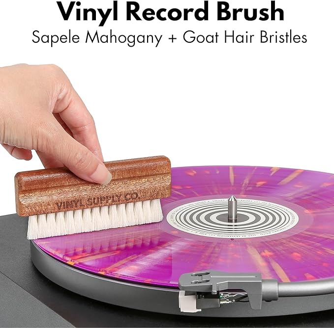 3-in-1 Ultimate Vinyl Record Cleaning Kit 100% All-Natural Sapele Mahogany Wood Vinyl Cleaning Kit - Goat Hair Vinyl Record Brush, Velvet Brush Pad, & Stylus Brush Cleaner