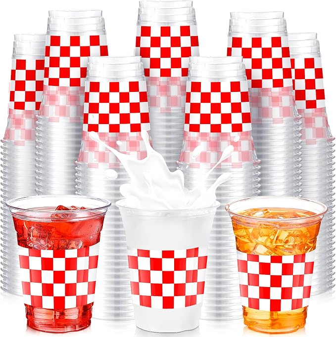 SiliFine 50 Pcs 12 oz Red Checkered Plastic Cups Clear Disposable Gingham Plaid Party Cups for She's Ready to Pop Baby Shower Decorations Birthday Barbecue Party Supply
