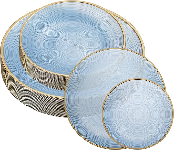 PLASTICPRO 32 Pieces Crystal Design Plastic Plates Combo Pack 7 inch and 10 inch Gold Rim Elegant Disposable Plates, Transparent Blue