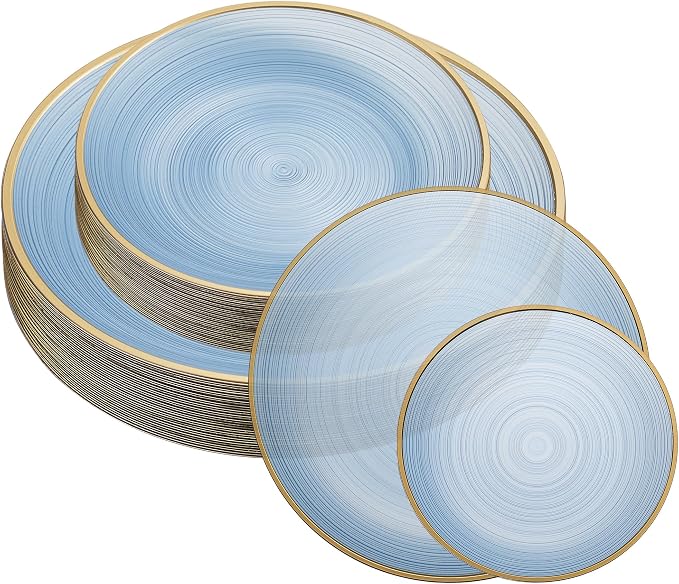 PLASTICPRO 128 Pieces Crystal Design Plastic Plates Combo Pack 7 inch and 10 inch Gold Rim Elegant Disposable Plates, Transparent Blue