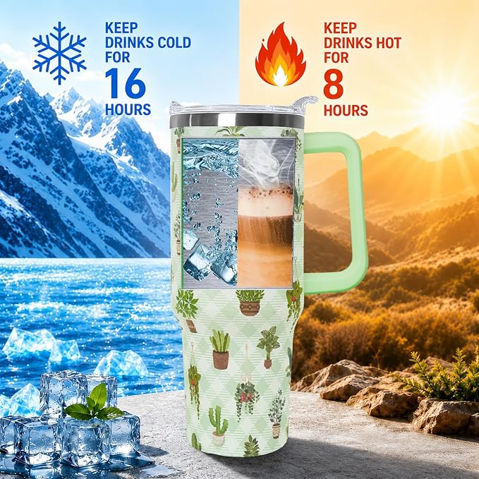 Ceovfoi 40oz Cactus Themed Insulated Tumbler with Handle, Coffee Mug Water Bottle with Lid Straw, Botanical Decor & Plant Enthusiast Gifts