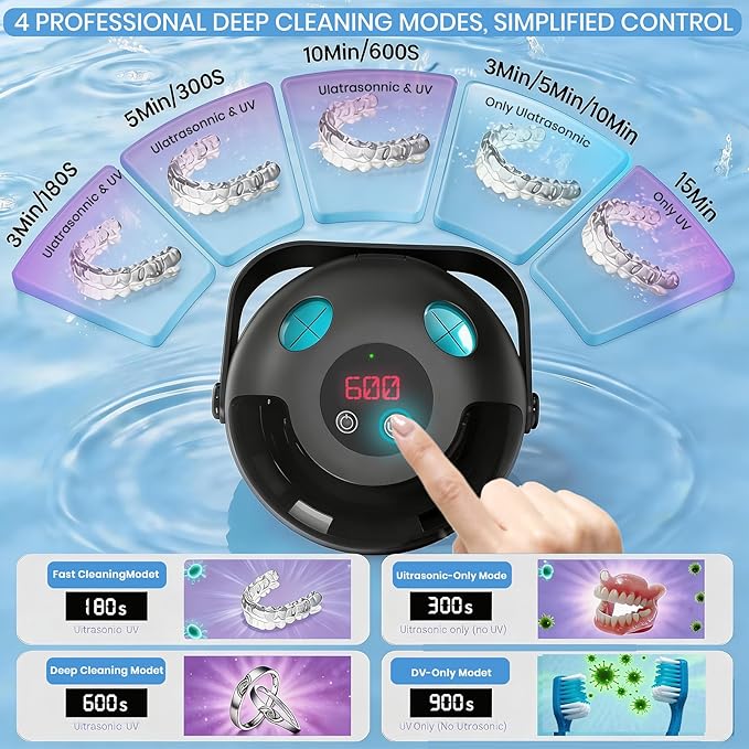 Ultrasonic Retainer Cleaner Machine, Upgraded Handle Design, 45kHz Dentures, Night Guards, Aligners & Jewelry, Digital Timer Deep Cleaning