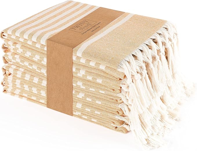 TWINY threads Set of 6 100% Cotton Turkish Kitchen Towels with Hanging Loop & Tassels (18" X 28") | Ultra Washcloth with Fringes | Reusable Hand Towels - Mustard Yellow