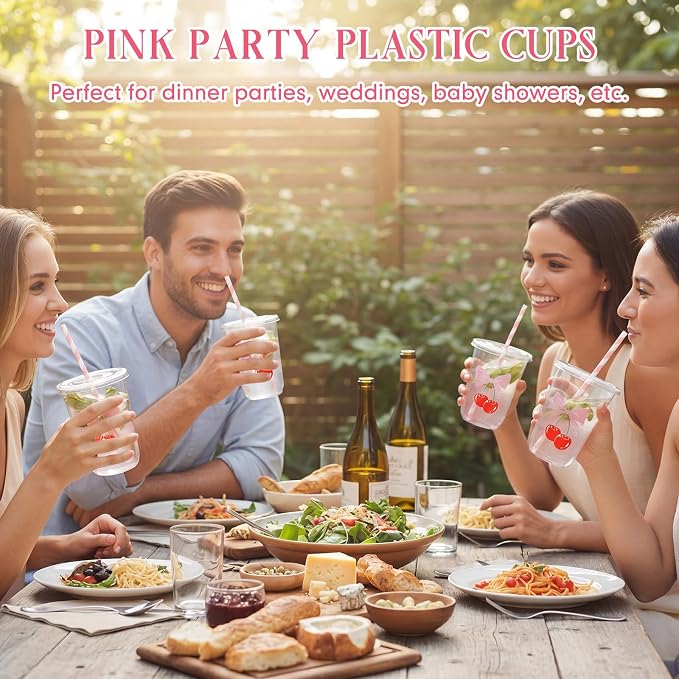 LemonRoad 50sets 16oz Pink Cherry Bow Cups Pink Birthday Party Decorations Supplies Cute Plastic Cups Disposable with Lids and Straws for Valentines Galentines Day Christmas Wedding Baby Shower