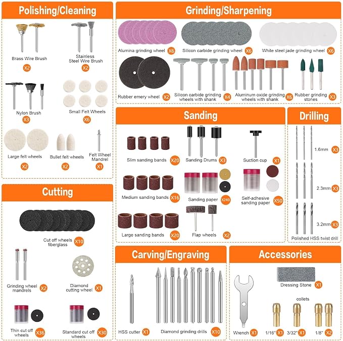 HARDELL 508PCS Rotary Tool Accessories Kit for Sanding Cutting Polishing | 508PCS Accessories 1/8" Shank Multi-Size Collets Sanding Cutting Polishing Organized Case