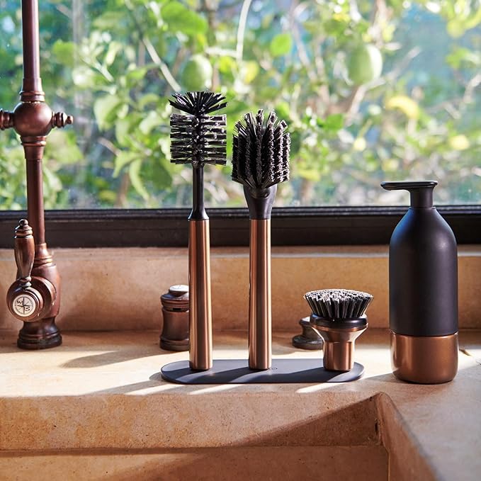 Curio Home Goods Ionic Brush Set, Magnetized to Stand Upright, Stainless Steel with Replaceable Heads, Bronze