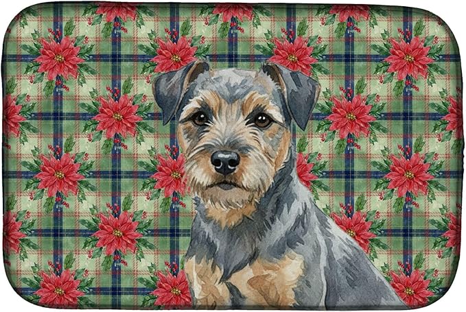 Caroline's Treasures Blue and Tan Border Terrier Christmas PoinsettIas Dish Drying Mat Absorbent Dish Drying Mat Pad for Kitchen Counter Dish Drainer Mat for Countertop, 14 x 21", Multicolor