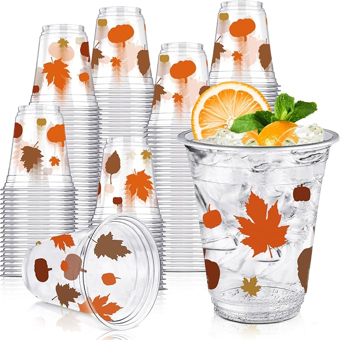 Uiifan 50 Pcs Fall Pumpkin Cups Bulk 12 oz Thanksgiving Disposable Plastic Drinking Cups Fall Party Clear Drinkware Pumpkin Maple Leaf Decoration for Autumn Harvest Thanksgiving Wedding Party Supplies