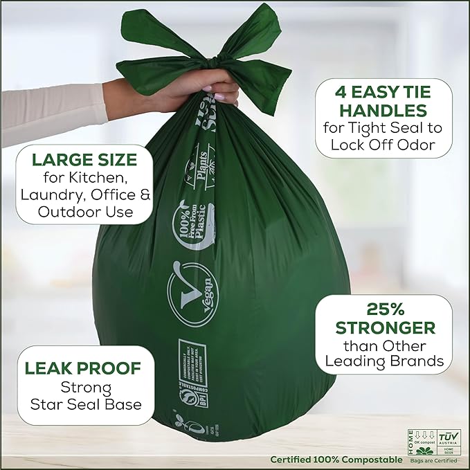Large Compostable Trash Bags - 10-13 Gallon, 100 Pack, 100% Plastic-Free Decomposing Easy-Tie Trash Can Bags & Liners, Thick Kitchen, Bathroom & Backyard Bin Bags for Food & Green Waste