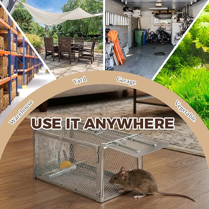 2 Pack Humane Rat Trap Cage, Live Chipmunk Rodent Cage Indoor Outdoor, Reusable Metal Mouse Trap for Rats, Mice, Squirrels