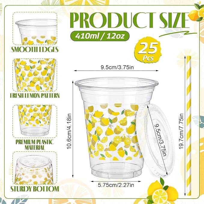 Domensi 25 Sets Lemon Themed Plastic Cups with Lids and Paper Straws 12oz Yellow Lemon Disposable Drinking Cups Bulk for Cold Drinks Baby Shower Wedding Summer Theme Birthday Party Supplies