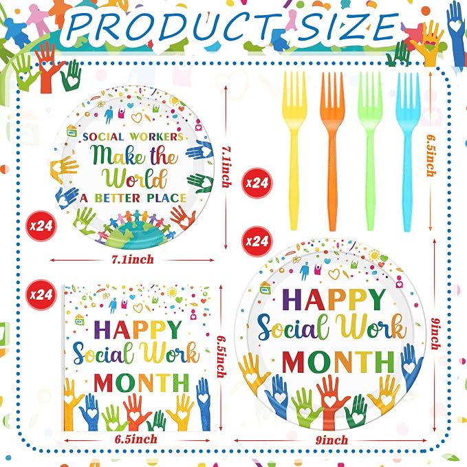 Remerry 96 Pcs Happy Social Work Month Party Supplies Social Workers Make the World a Better Place Tableware Disposable Thank You Employee Staff Paper Plates Napkin for Party Decoration