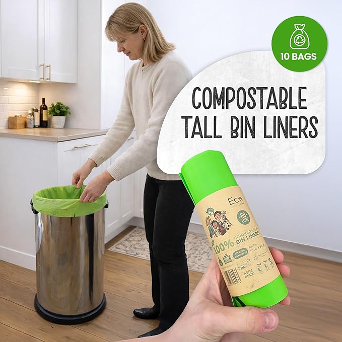Eco Green Living 100% Compostable Biodegradable Bin Liners 60L Bin Bags For Food Waste, Kitchen Tall Bin Liners, Vegan, Strong, Leakproof, BPA Free, Recyclable, 6 Rolls, 60 Bags