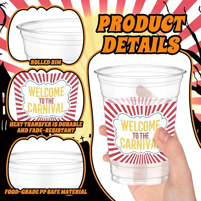 Bokon 100 Pcs Halloween Carnival Circus Party 12 oz Plastic Cups Disposable Cocktail Glasses Circus Theme Clear Disposable Cups for Welcome to Carnival Party Supplies for Coffee Juice Hot Cold Drinks