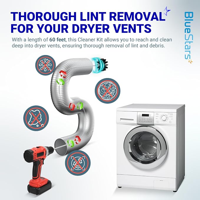 Upgraded 60-Feet Dryer Vent Cleaner Kit with Drill Attachment - Flexible Lint Remover Brush, Extends Up to 60 ft, Works with or Without Power Drill