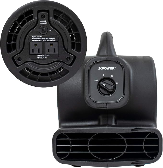 XPOWER P-80A Mini Mighty 138 W 600 CFM Centrifugal Air Mover, Carpet Dryer, Floor Fan, Blower, Stackable, Daisy Chain, for Water Damage Restoration, Janitorial, Plumbing, Home Use, Black