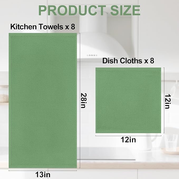Homaxy 100% Cotton Kitchen Towels and Dishcloths Set, 12 x 12 Inches and 13 x 28 Inches, Set of 16 Bulk Kitchen Towels Set, Ultra Soft Absorbent Dish Cloths for Washing Dishes, Grass Green