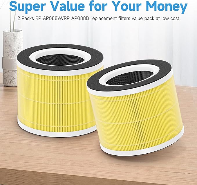 2 Packs RP-AP088-F1 Replacement Filter Compatible with RENPHO RP-AP088W, RP-AP088, RP-AP088B Air Purifier, 5-Stage High-Efficiency Filtration, Part Number RP-AP088-F1