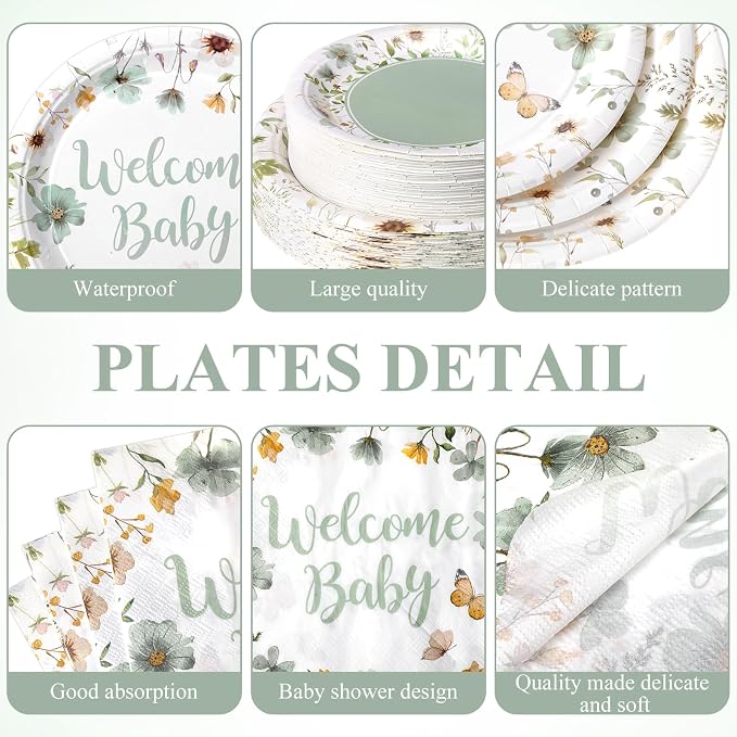 Pickmesh 250 Pcs Sage Green Floral Baby Shower Party Supplies Decorations Serve 50 Wildflower Welcome Baby Disposable Paper Plates Napkins and Cups for Birthday Babies Boy Shower Gender Reveal Party