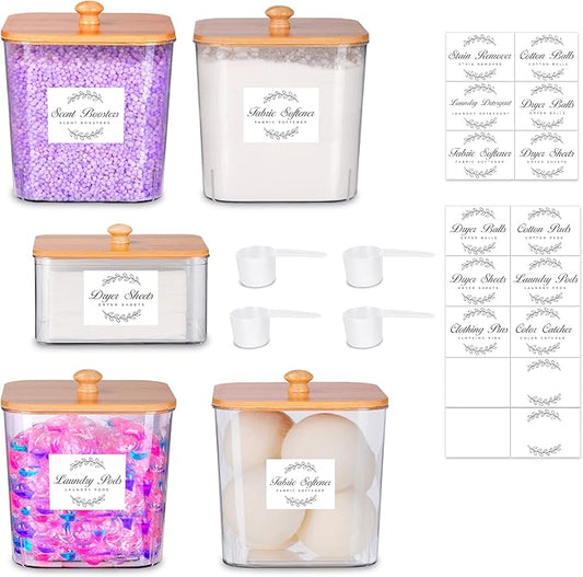 efluky 4+1 pack Laundry Pods Container & Dryer Sheet Holder Set,Clear Laundry Room Organization Containers with Bamboo Lids and Labels,Laundry Pods Holder for Scent Booster,Powder,Pod