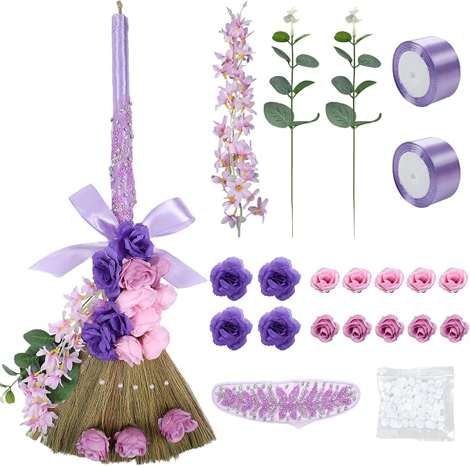 Wedding Brooms for Jumping Ceremony - TrinhGuo Purple Wedding Broom with Ribbons Pearls Artificial Flowers Leaves Mesh Embroidery, DIY Marriage Jumping Ceremony Set for African American